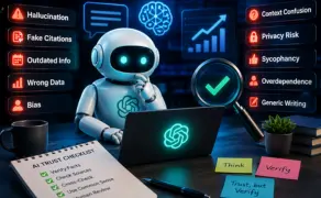 Illustration showing common ChatGPT mistakes including hallucinations fake citations bias and tips to avoid AI errors safely.