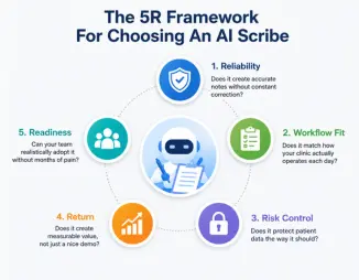 5R framework infographic showing reliability workflow fit risk control return and readiness for choosing an AI scribe