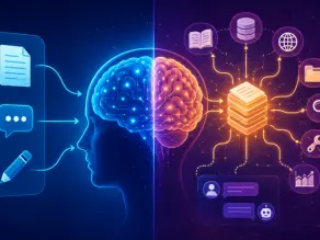 Illustration comparing context engineering vs prompt engineering, showing AI workflows, memory, RAG, tools, and smarter AI responses.