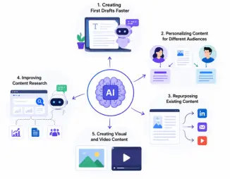 Generative AI content creation workflow infographic showing AI drafting, audience personalization, content repurposing, research, and visual content creation.