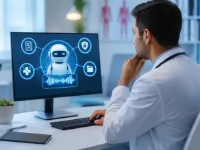 Doctor reviewing AI-scribe-generated clinical notes on a computer during healthcare documentation workflow