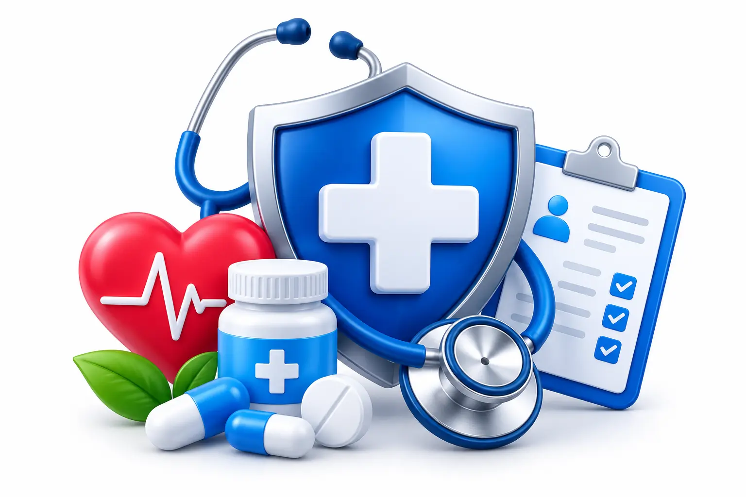 Glossy 3D Medical Shield and Healthcare Icons